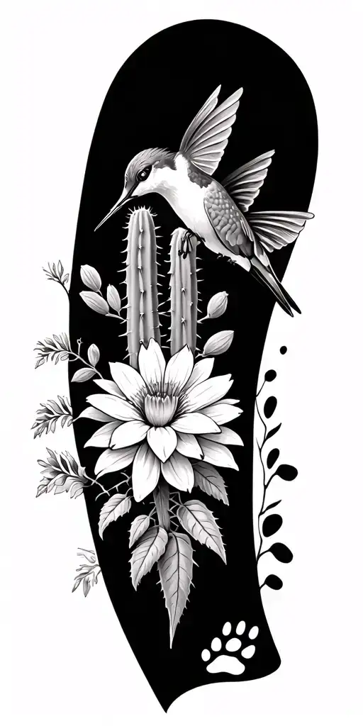 cactus, flowers, hummingbird, dog paw prints like roots tattoo design idea