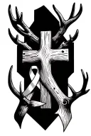 Tattoo consisting of a wooden cross centerpiece with wood grain texture, framed by deer antlers, a cancer ribbon, a diab tattoo design idea