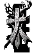 Tattoo consisting of a wooden cross centerpiece with wood grain texture, framed by deer antlers, a cancer ribbon, a diab tattoo design idea