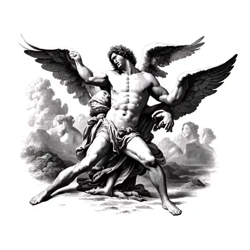 I want a full back piece centered on the biblical scene of Jacob wrestling the angel, shown in a tight Greco-style body- tattoo design idea