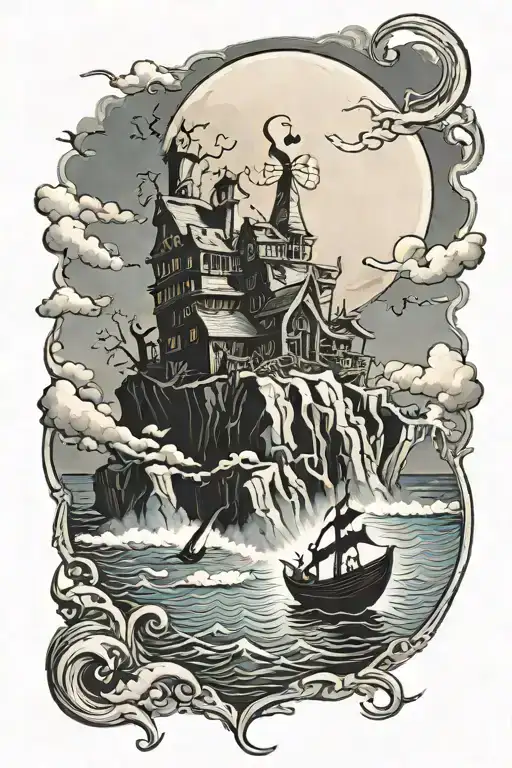 Jacks face from the nightmare before Christmas as the moon shining light on Noah’s ark on the ocean with clouds And plen tattoo design idea