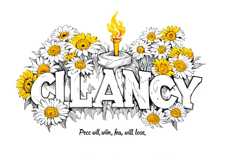 "Peace will win, fear will lose" Torch, yellow gerbera daisies comong out of the letters, stole that says "CLANCY" wrapping around letters tattoo design idea