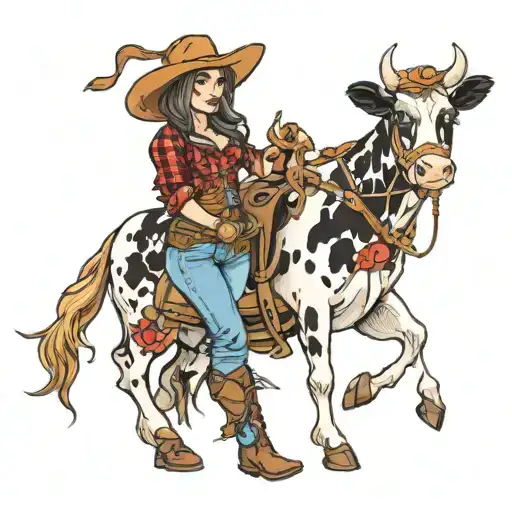 cowgirl holding a toy cow tattoo design idea