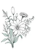 larkspur, chrysanthemum, lily of the valley bouquet tattoo design idea
