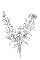 larkspur, chrysanthemum, lily of the valley bouquet tattoo design idea