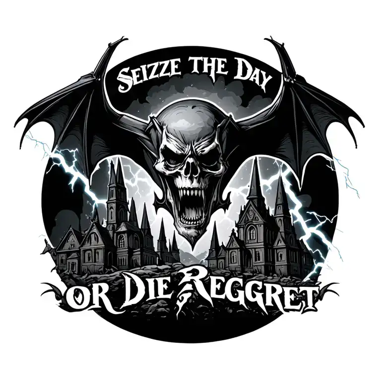 "Seize the Day or Die Regret" Death Bat with lightning and gothic churches tattoo design idea