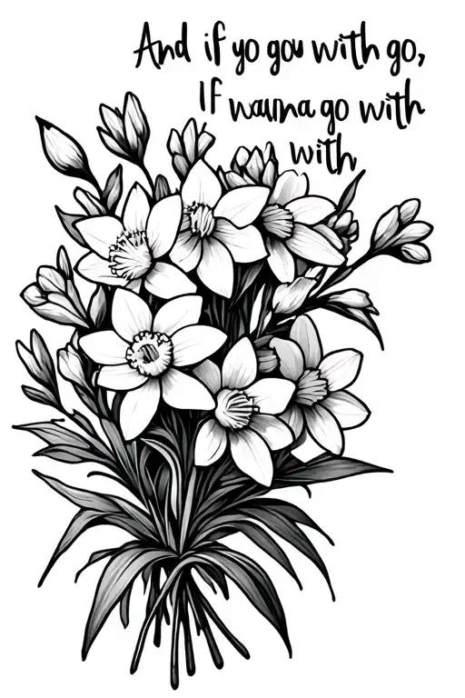 "And if you go, I wanna go with" "And if you go, I wanna go with" narcissus and larkspur flower bouquet tattoo design idea