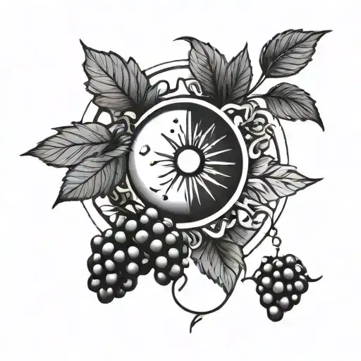 very simple line art sun and moon design with berries and grapes tattoo design idea
