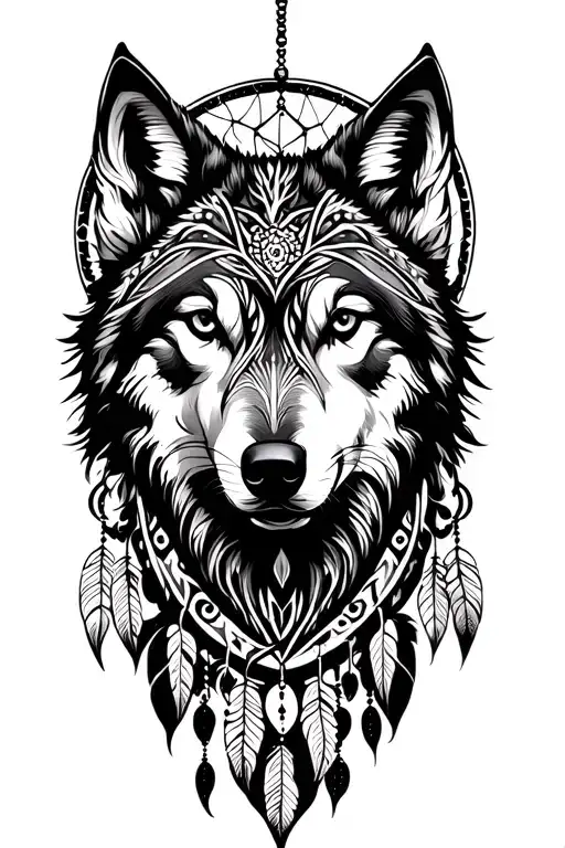 tribal wolf and dream catcher entangled tattoo design idea