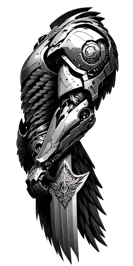 Futuristic chrome biomechanical armor (left arm, shoulder, chest, and back)Dark Angels 40k winged sword emblem on shou tattoo design idea