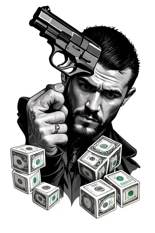 Tom Hardy from the film Legend, Pachkaa of Money, Pistol and Playing Cubes with the inscription Risk-Rich tattoo design idea