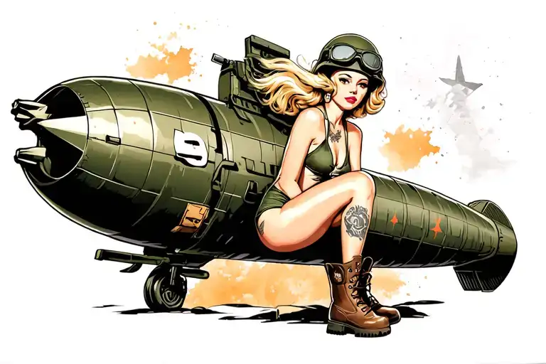WWII pinup sitting on WWII missile, vintage swimsuit, combat boots, army helmet with goggles, blonde windblown tattoo design idea