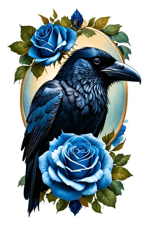 black raven with blue roses tattoo design idea