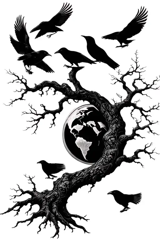world tree with ravens on each side tattoo design idea