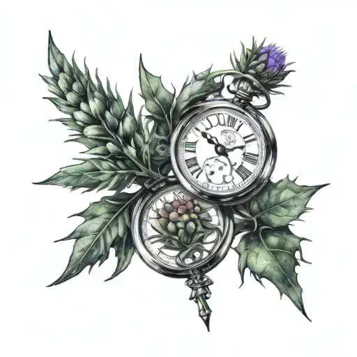 3 pocket watchs with a thistle connecting the watches together  tattoo design idea