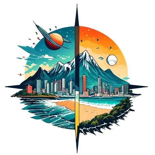 divided into 4 separate In a compass. but creatively, a theme of space, city, mountains and beach tattoo design idea