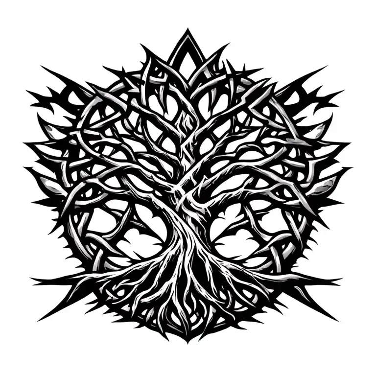celtic tree of life with long roots shaped like lightning tattoo design idea