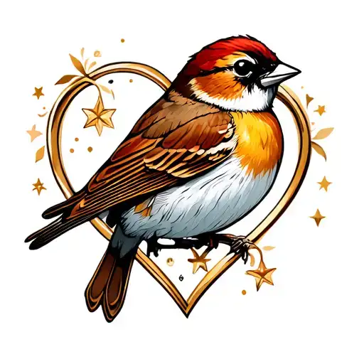 a sparrow inside a heart design featuring stars tattoo design idea