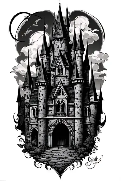 tall vampire evil castle tattoo design idea