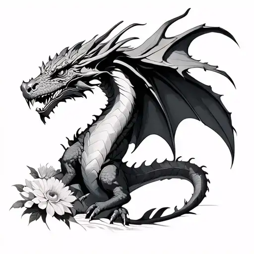 dragon Saphira from Inheritance cycle with chrysanthemas tattoo design idea