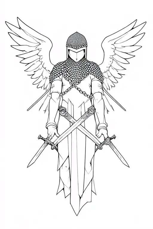 Angel with chain mail,helmet armor ,Holding two Sword going to the face with geometric background With some polynisian t tattoo design idea