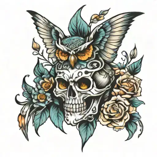 skull butterflies and owl sleeve  tattoo design idea