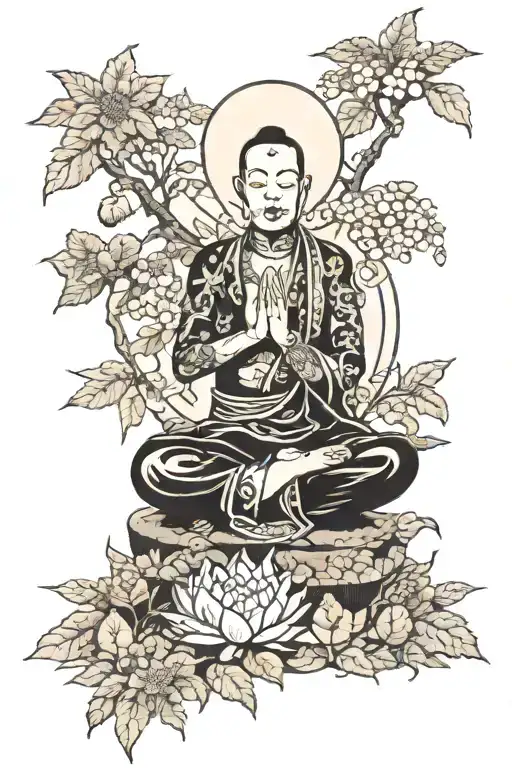 samuri meditating in a garden tattoo design idea