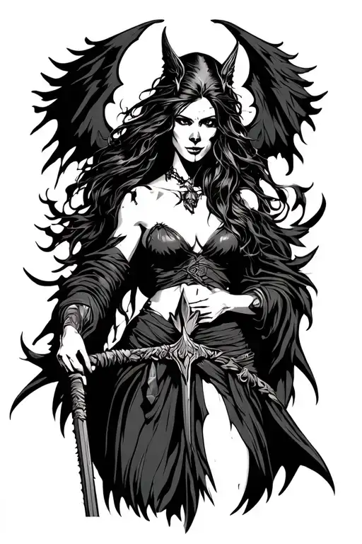 Morrigan Goddess of Death holding a spear tattoo design idea