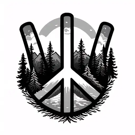 peace sign made in to pacific northwest mountains and pine trees tattoo design idea