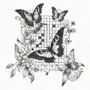 A crossword puzzle themed sleeve incorporating birds and butterflies, symbolizing the client's love for both puzzles and nature tattoo design idea