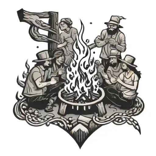 A stylized bonfire with friends laughing and chatting around it tattoo design idea