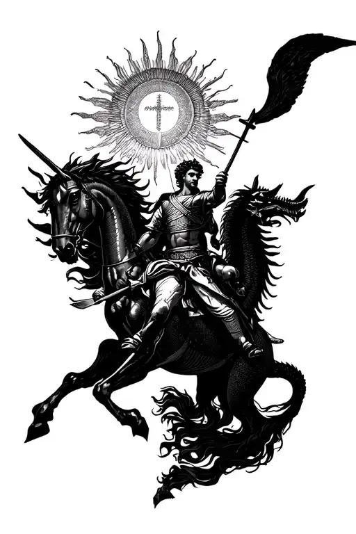 Greek mythology themed Saint George riding a pegasus and slaying a dragon in front of the sun tattoo design idea