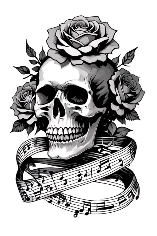 skull and multiple roses with a music stave wrapping around it with the song a thousand years on the music stave  tattoo design idea