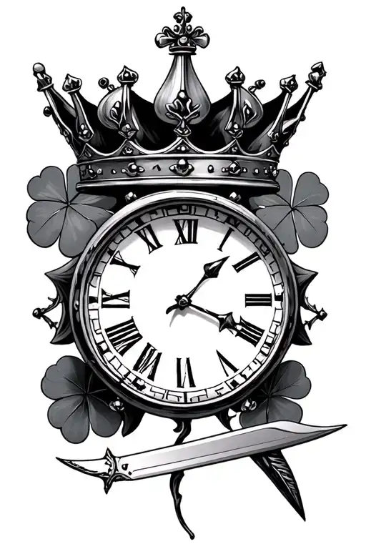  4 leaf clover- chess king crown and clock with knife stabbing tattoo design idea
