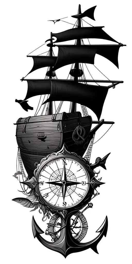 Pirate ship, anchor, chest, sand clock, sea map, compass, shark, osminog tattoo design idea