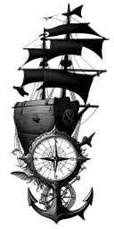 Pirate ship, anchor, chest, sand clock, sea map, compass, shark, osminog tattoo design idea