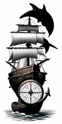 Pirate ship, anchor, chest, sand clock, sea map, compass, shark, osminog tattoo design idea