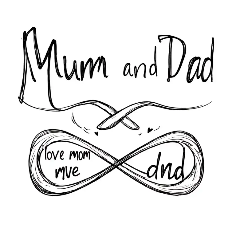 "Mum and Dad" infinity symbol incorporating words  "love mom" "love dad" "love ma" tattoo design idea