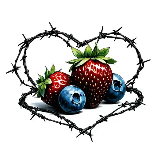 strawberry,blueberries with barbed wire heart around it luminous points tattoo design idea