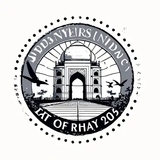 fine line postal stamp including sunrise at india gate with date and birds tattoo design idea