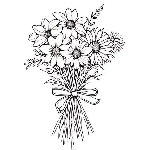 bouquet tied together in a bow with the a daffodil, aster, and chrysanthemum tattoo design idea