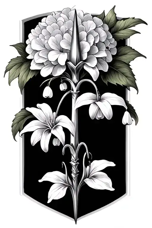 trident, lily of the valley, organic carrot, hydrangea tattoo design idea