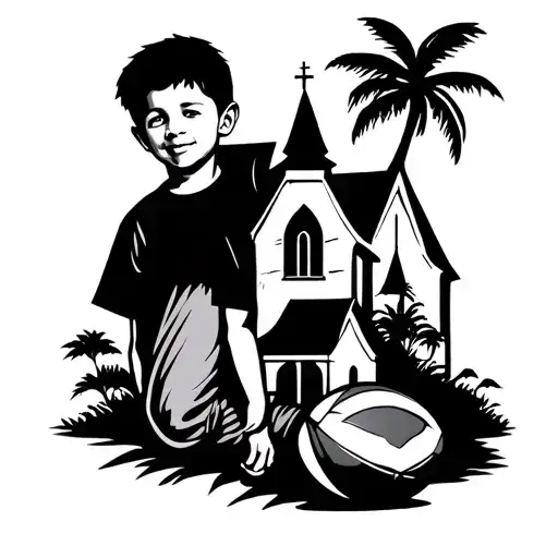 boy with football, coconut tree and church surrounded tattoo design idea