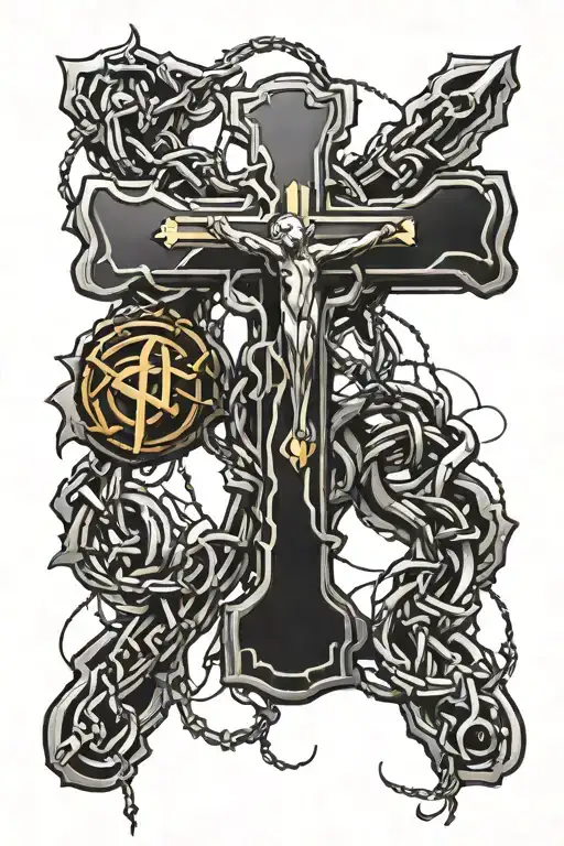 large Christian Cross surrounded by barbed wire and a rosary going all around the cross and the barbed wire tattoo design idea