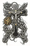 large Christian Cross surrounded by barbed wire and a rosary going all around the cross and the barbed wire tattoo design idea