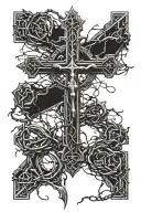 large Christian Cross surrounded by barbed wire and a rosary going all around the cross and the barbed wire tattoo design idea