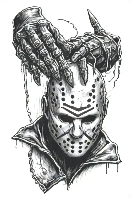 Jason Vorhees' mask being grabbed by Freddy Krueger's glove. tattoo design idea