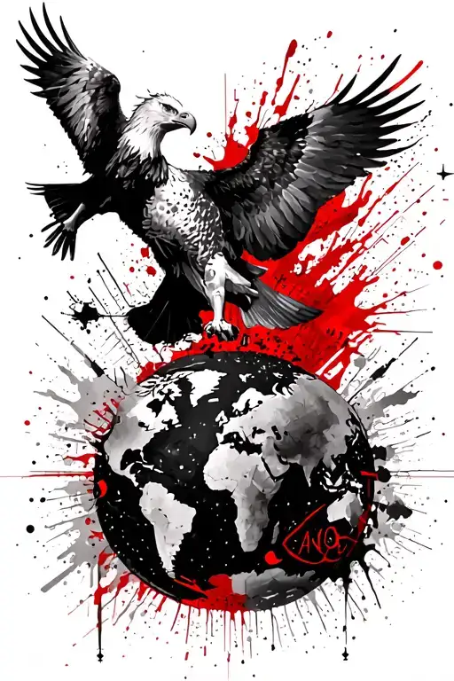 Eagle, bull, lion, man, world map and a dove flying tattoo design idea