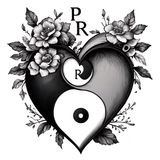 Creat a tattoo design which is a heart, with the initials P and R and yin and yang symbol built into it tattoo design idea