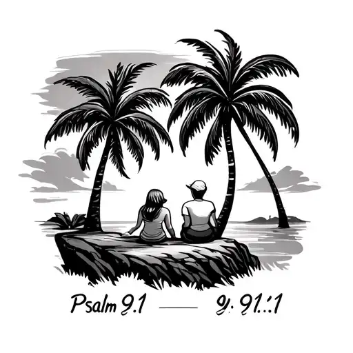 pov of watching a grandma and her grand daughter sit at the edge of a cliff under two palm trees with "Psalm 91:1" mid tattoo design idea